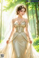 A woman in a wedding dress standing in the woods.