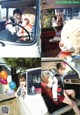 A couple of people sitting in a car with a teddy bear.